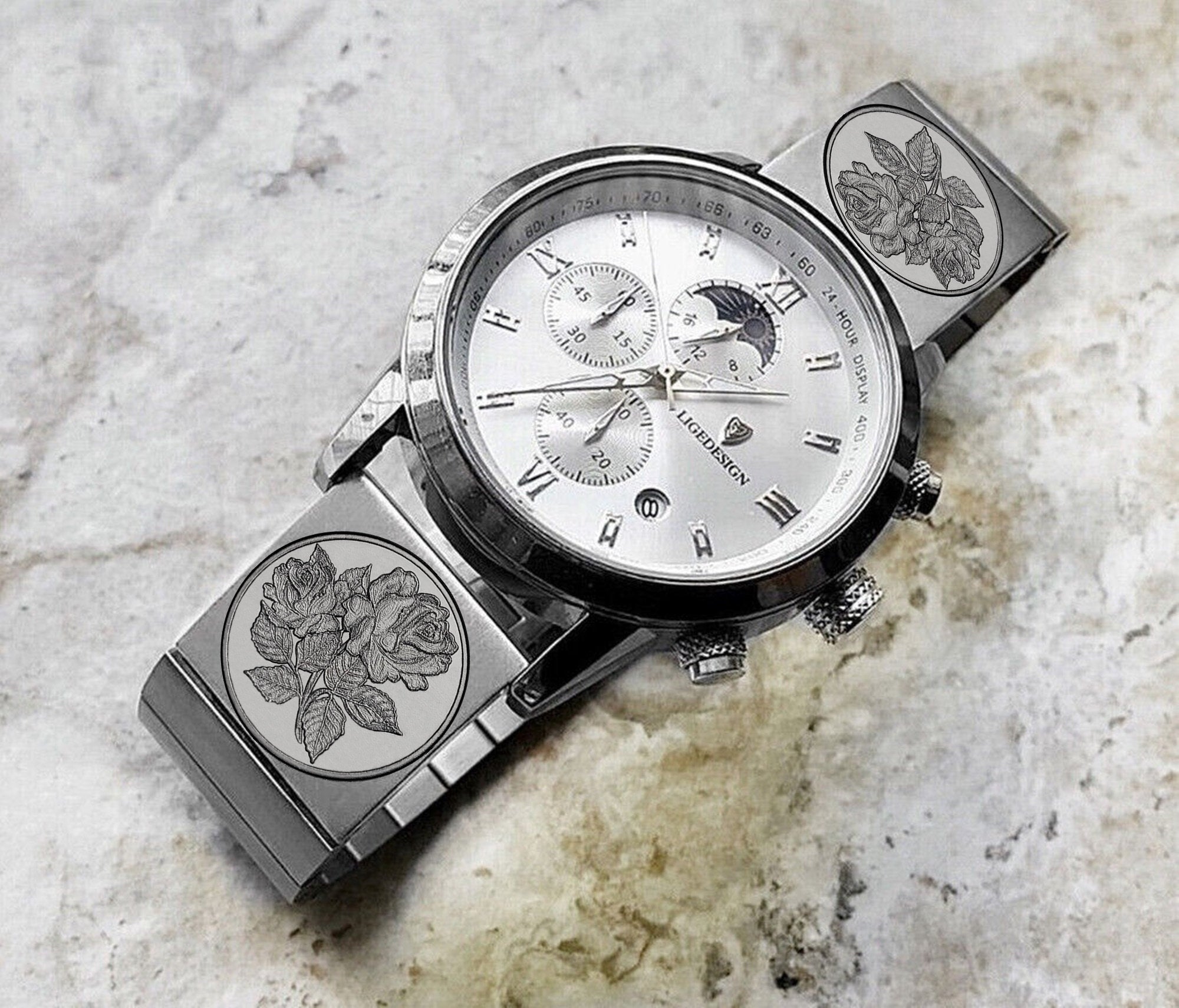 Rose Floral Engraved Band for 22mm 24mm 25mm Lugs Traditional Casual Luxury and Smartwatches Silver Color Stainless Steel Bracelet Strap RS1